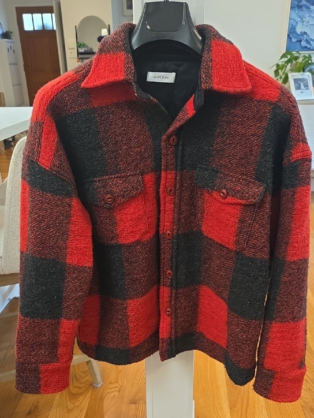 Anine Bing Men's Red Buffalo Plaid Lightweight Wool Shirt Jacket Flannel (S)